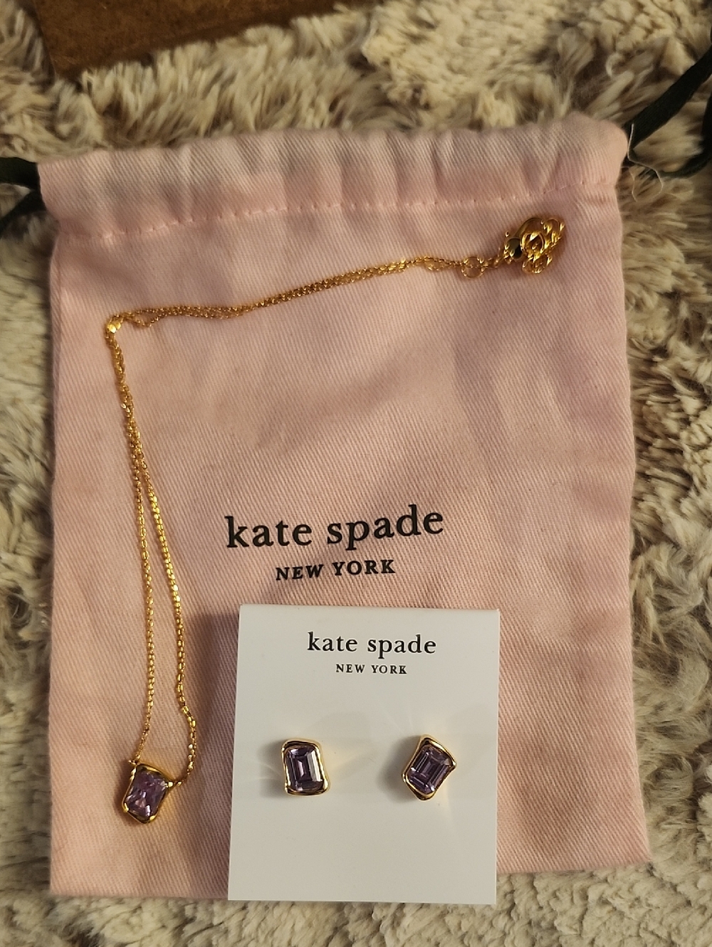 Kate Spade Gold-Tone Necklace with Light Amethyst Stone & Matching Stud Earrings